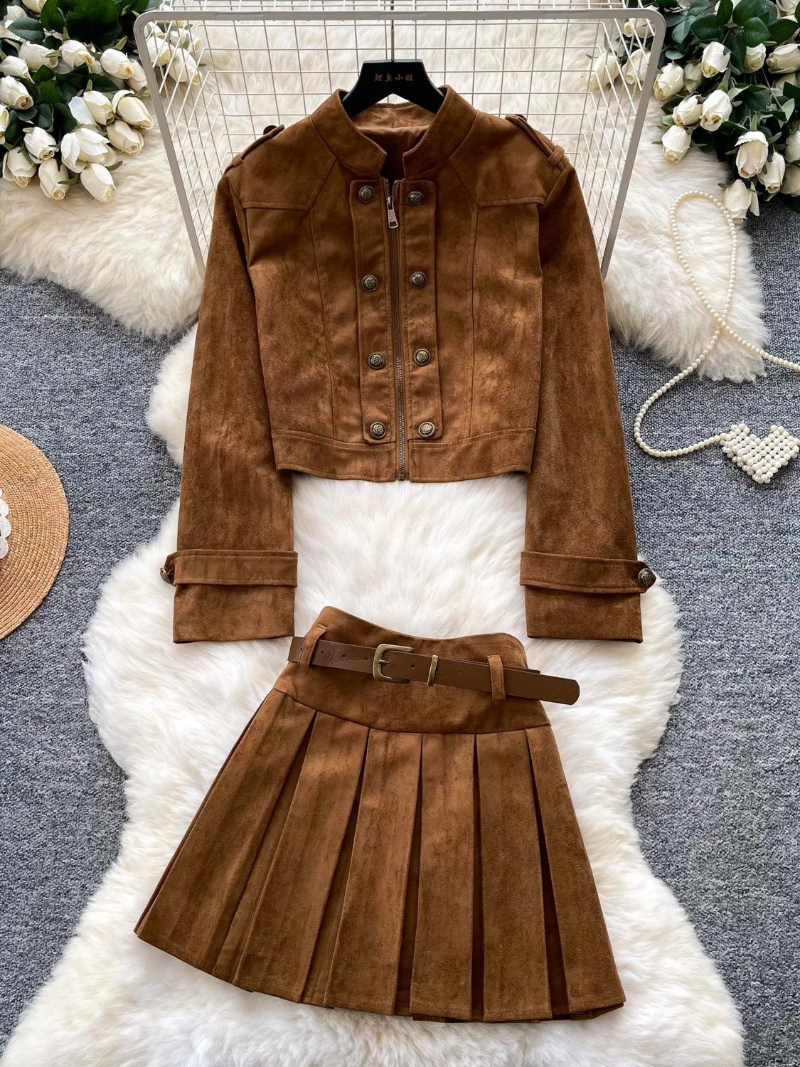Retro British Style Suede Two-Piece Set Women's Short Double-Breasted Coat Pleated  Skirt Elegant Commute Outfit Autumn Wear