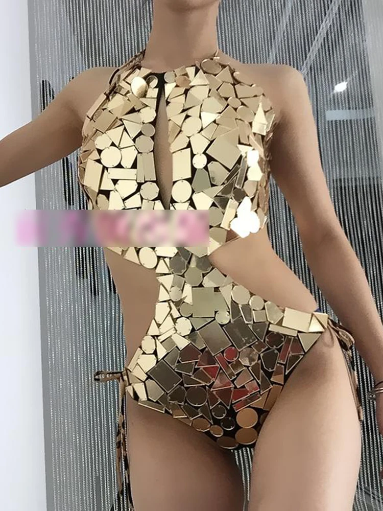 

Mirror Bodysuit Backless Bikini Women Dance Costume Gold Sequins Hollow Out Rave Outfit Stage Performance Clothes Gogo Show