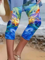 Abstract art printed casual pants for women elastic elastic waist tight leggings capri pants for women