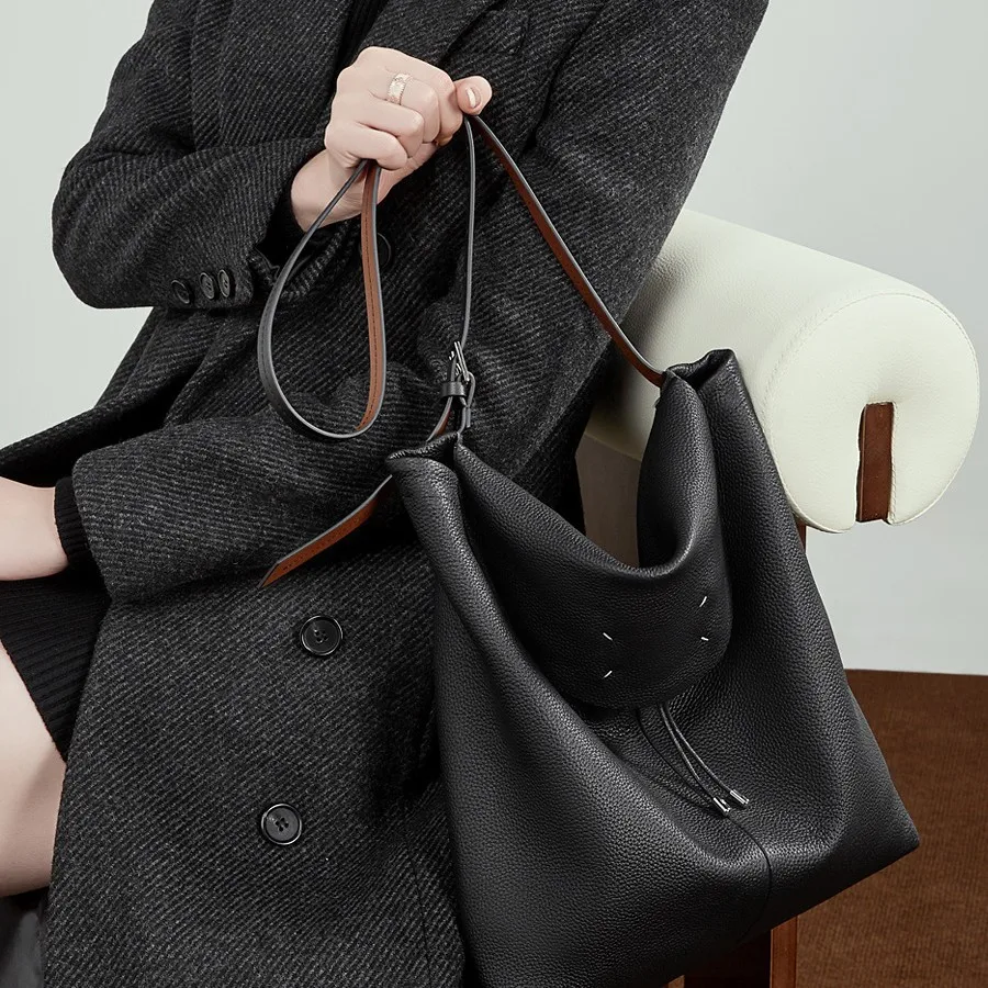 

Модная сумка-ведро из натуральной кожи (первый слой) 2026 года, большая вместимость, повседневная, универсальная, кожаная сумка-тоут, простая наплечная сумка-мессенджер, портативная