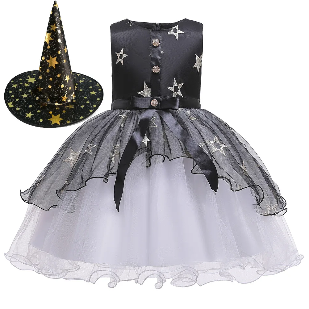 New Girls Halloween Witch Costume Sleeveless Star Print Tulle Tutu Dress+Hat Children Carnival Cosplay Dress Up Outfit 2pcs