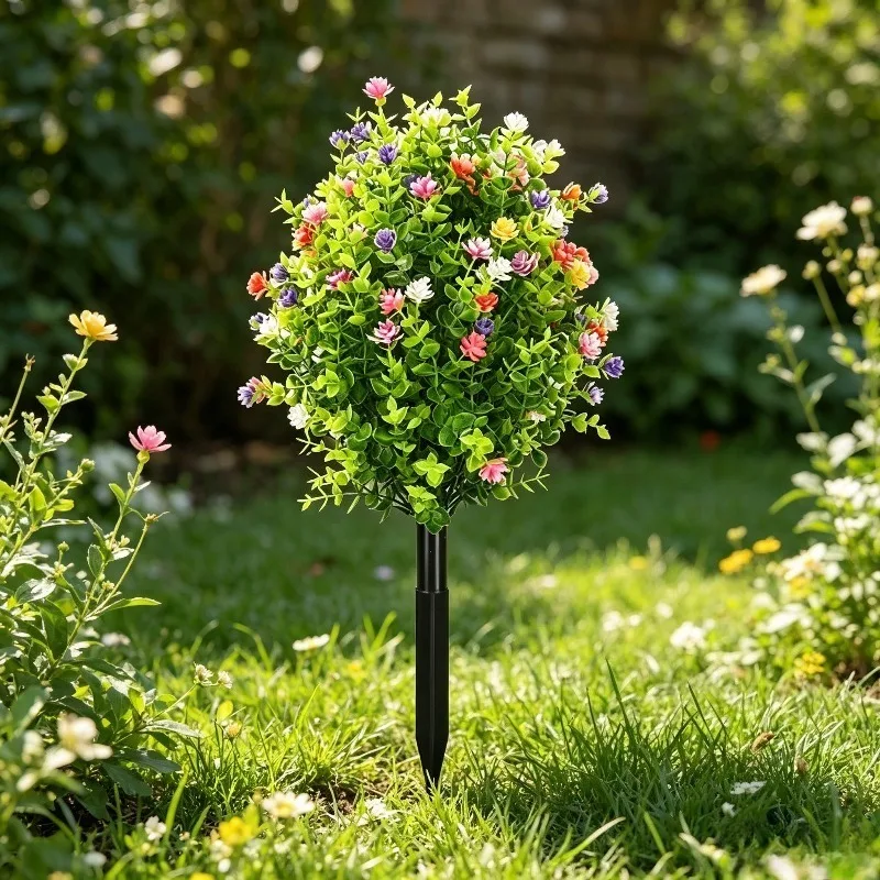 

1/4 Set of Artificial Mixed-Color Camellia and Eucalyptus Flower Arrangements, Fake Flower Ground Arrangements for Outdoor Garden, Patio, and Terrace Decoration. Artificial Camellia-Shaped Plant Ground Arrangements, Ball-Shaped Green Plants, Fake Trees wi