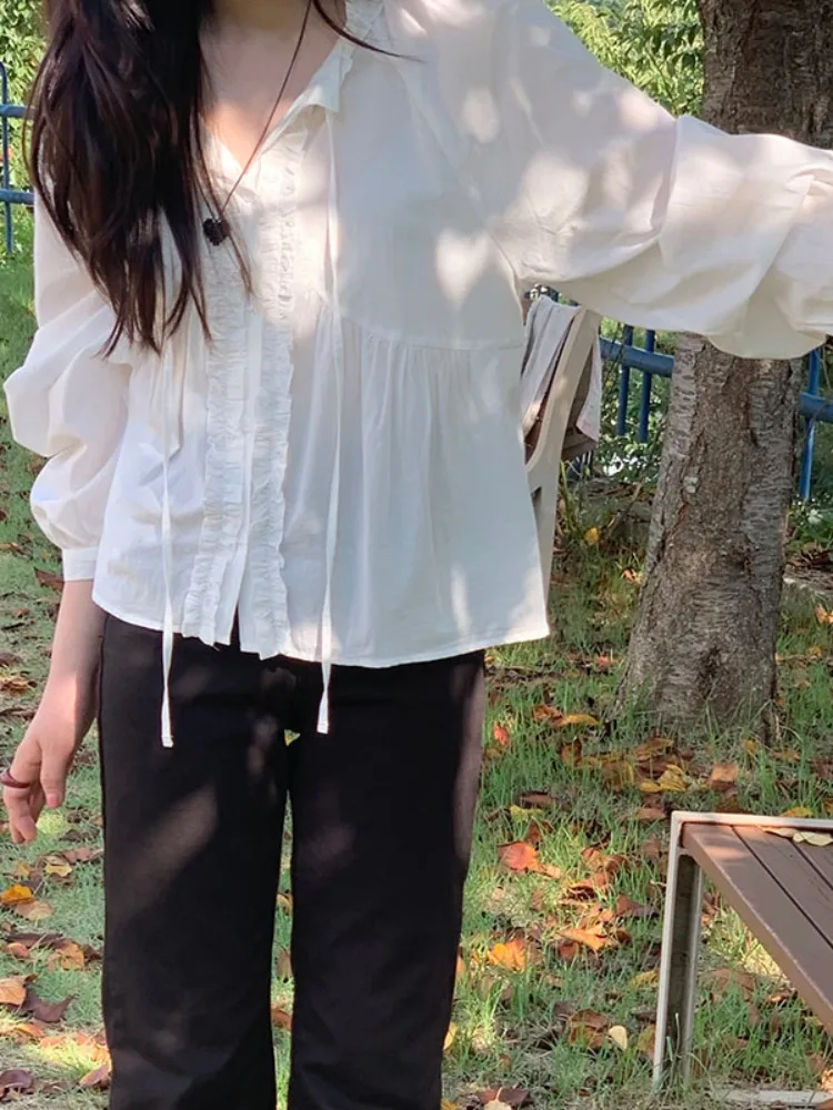 حزام أبيض طويل Sve V-Ne للسيدات irt كوري Sle فضفاض مناسب Fairy T مزين بحزام ربيع الخريف متعدد الاستخدامات شبه منتفخ...