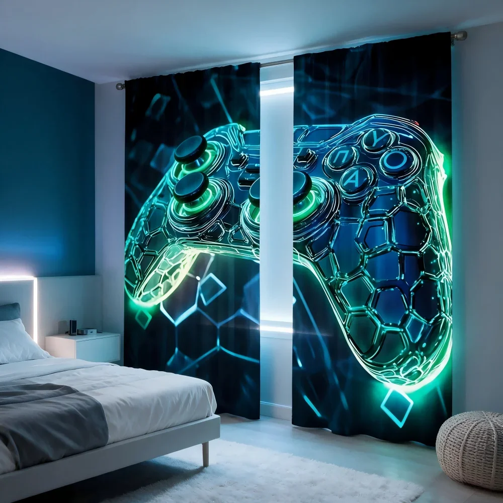 2PCS Digital Printed Curtain, Neon Green Game Controller Pattern, Gaming E-Sports Style Window Drapes for Boys Bedroom Game Room