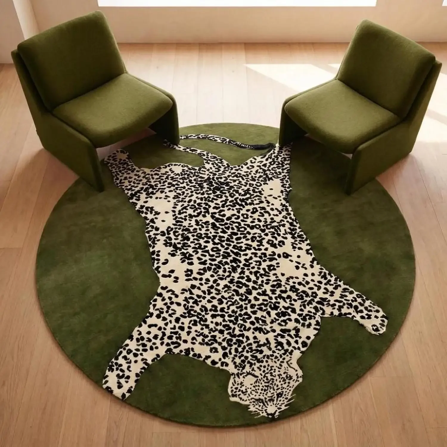 【Room Decoration Carpet】Modern Olive Green Round Carpet, Leopard Print Pattern, Animal Print Design, Luxurious and Eye-Catching