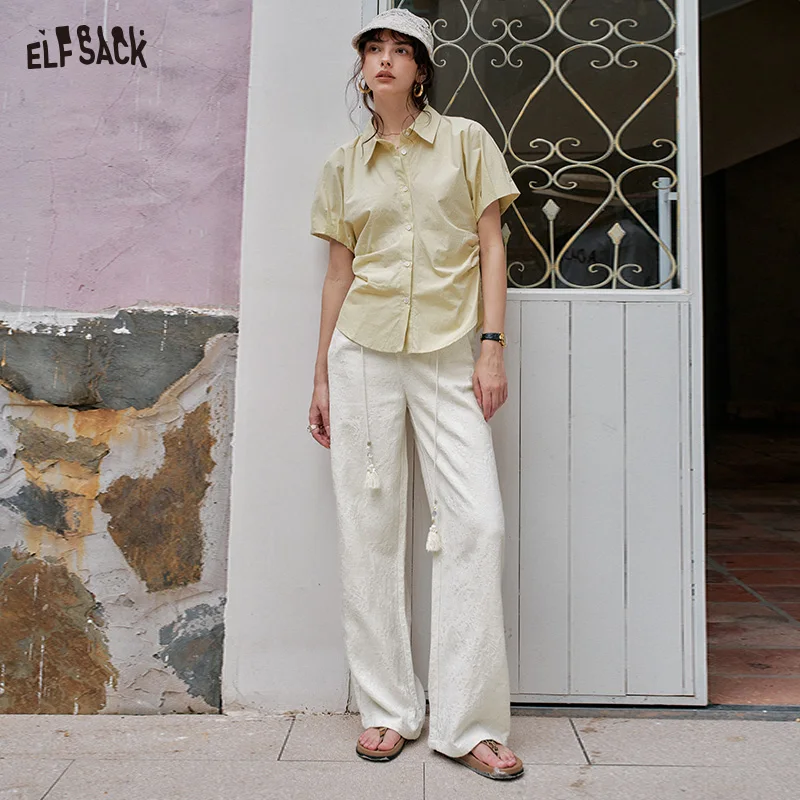 ELFSACK 2025 Summer New Arrivals  Casual Solid Color Straight Leg Wide Leg Pants For Women