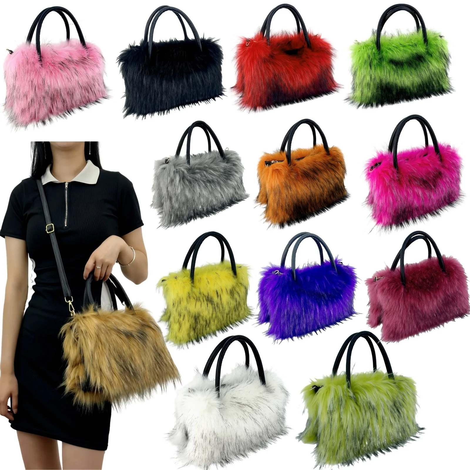 

2025 Chic Wool Women's Plush Shoulder Bags Y2k Hot Girls Faux Fur Drawstring Bucket Bag Fashion Female Furry Purse Tote Handbags