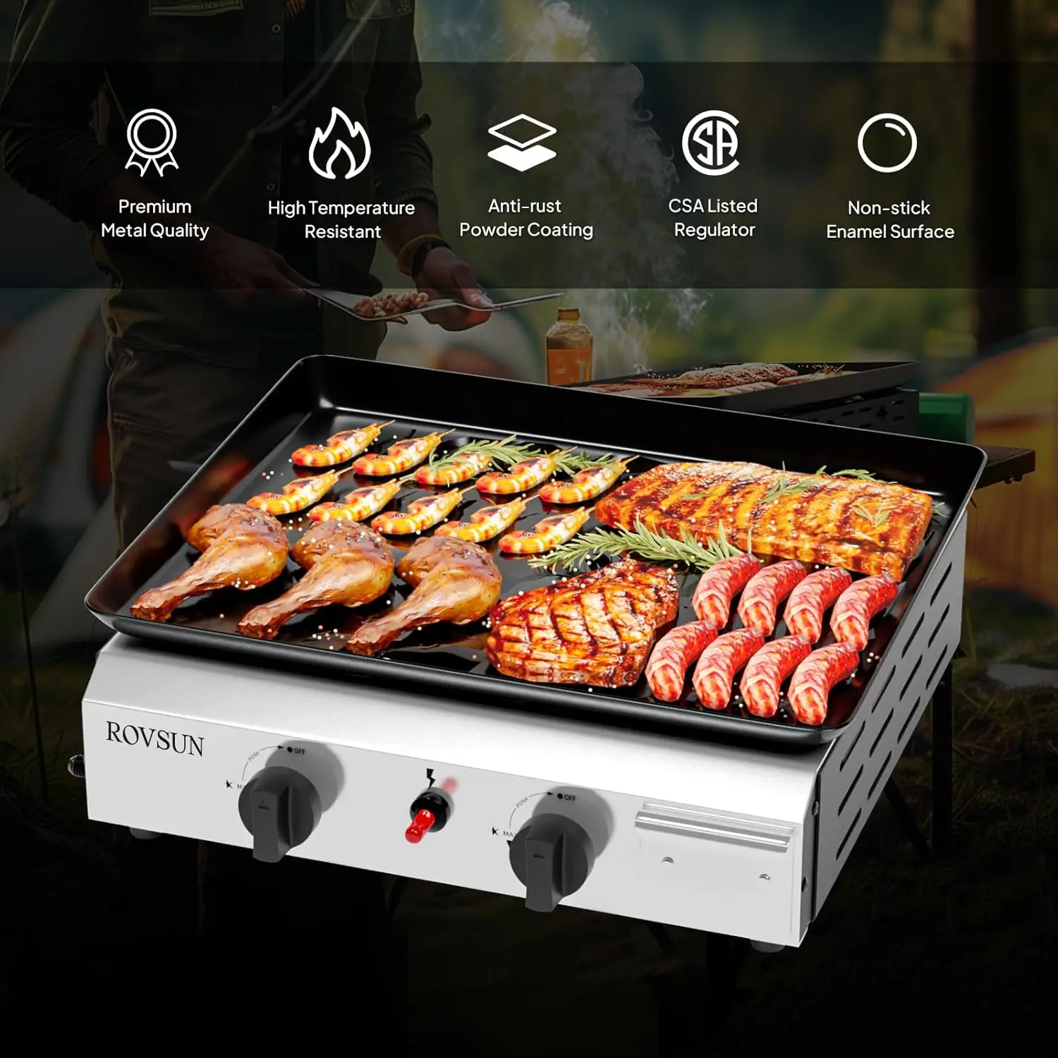 Outdoor Cooking: Portable Propane Griddle with Nonstick Enameled Tray, 20,000 BTU, Electronic Ignition & Regulator