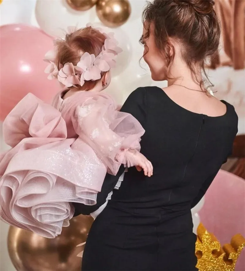 Flower Girl Dress For Wedding Baby Girl Pink Tulle Puffy Full Sleeve Applique Child First Eucharistic 1st Birthday Party Dresses