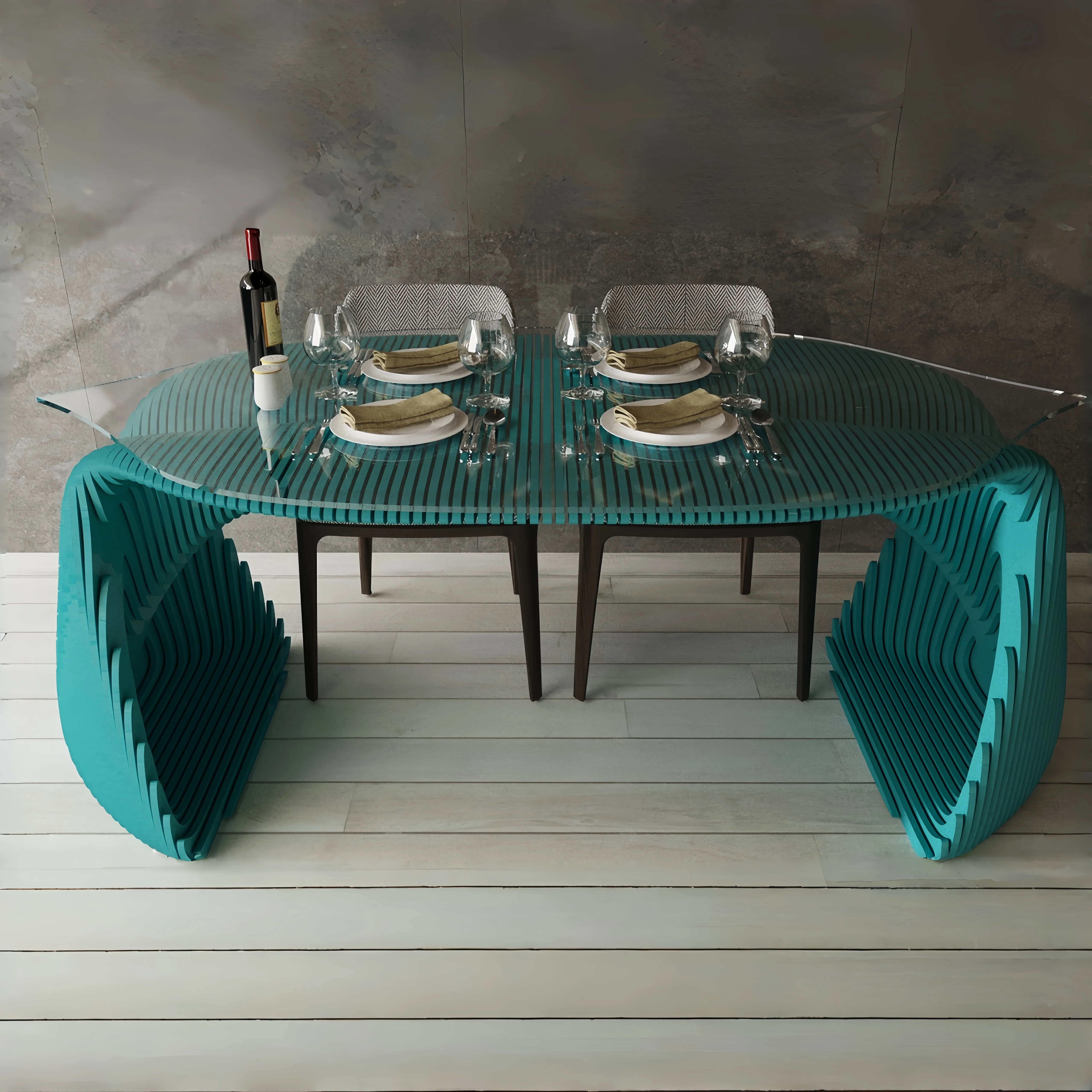 !@Uniquely Designed Parametric Wooden Dining Table with Oval Glass Top for Dining Room Nordic Style Stylish