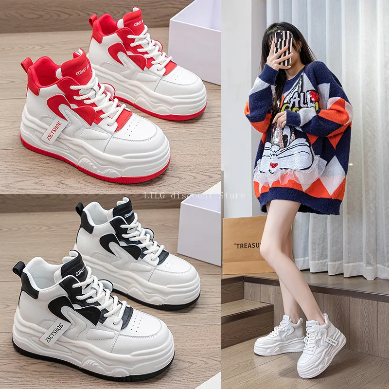 

Женские дышащие высокие туфли для скейтборда 2025 года, повседневная противоскользящая спортивная обувь, женская кожаная спортивная обувь на платформе