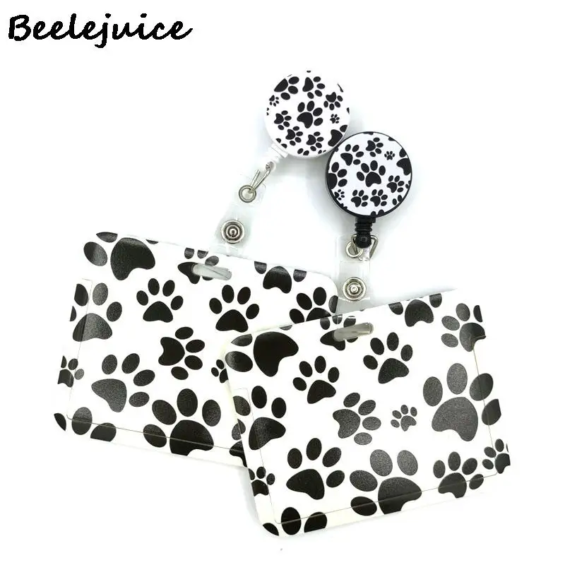 

White Dog Paws Credit Card Cover Lanyard Bags Retractable Badge Reel Student Nurse Exhibition Name Clips ID Card Holder Chest