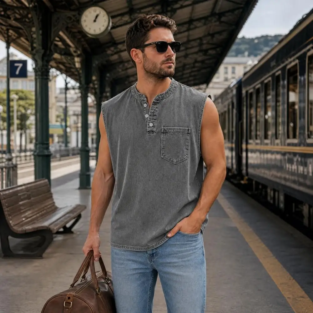 Sleeveless Men Top Breathable Shirts, Casual Summer Lightweight Pocket Top