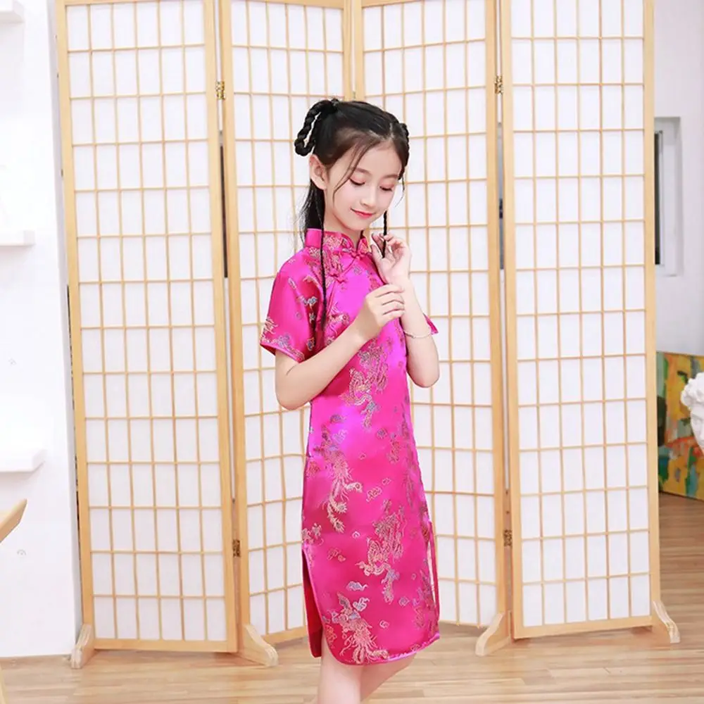 Dragon Phoenix Pattern Niche Design Autumn Silk Chinese Style Dress Girls Skirt Kids Traditional Dress Qipao Girls Cheongsam