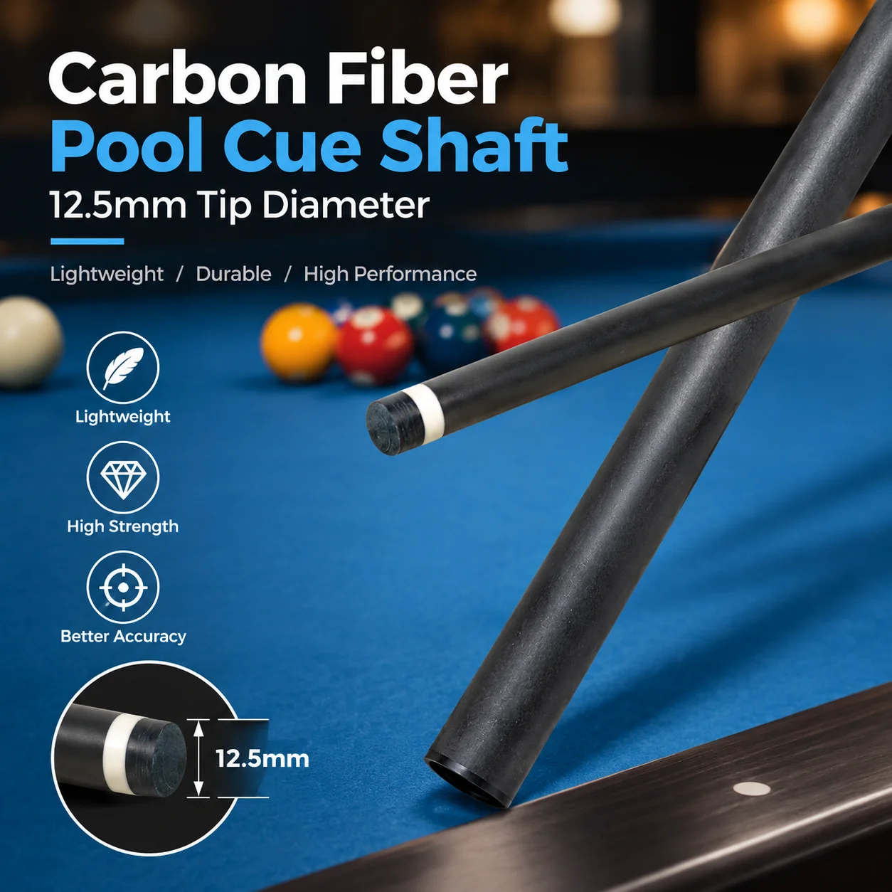 12.5mm Leather Tip Carbon Fiber Pool Cue Shaft Pro Taper Low Deflection Replacement for 9-Ball Chinese 8-Ball Snooker Billiards