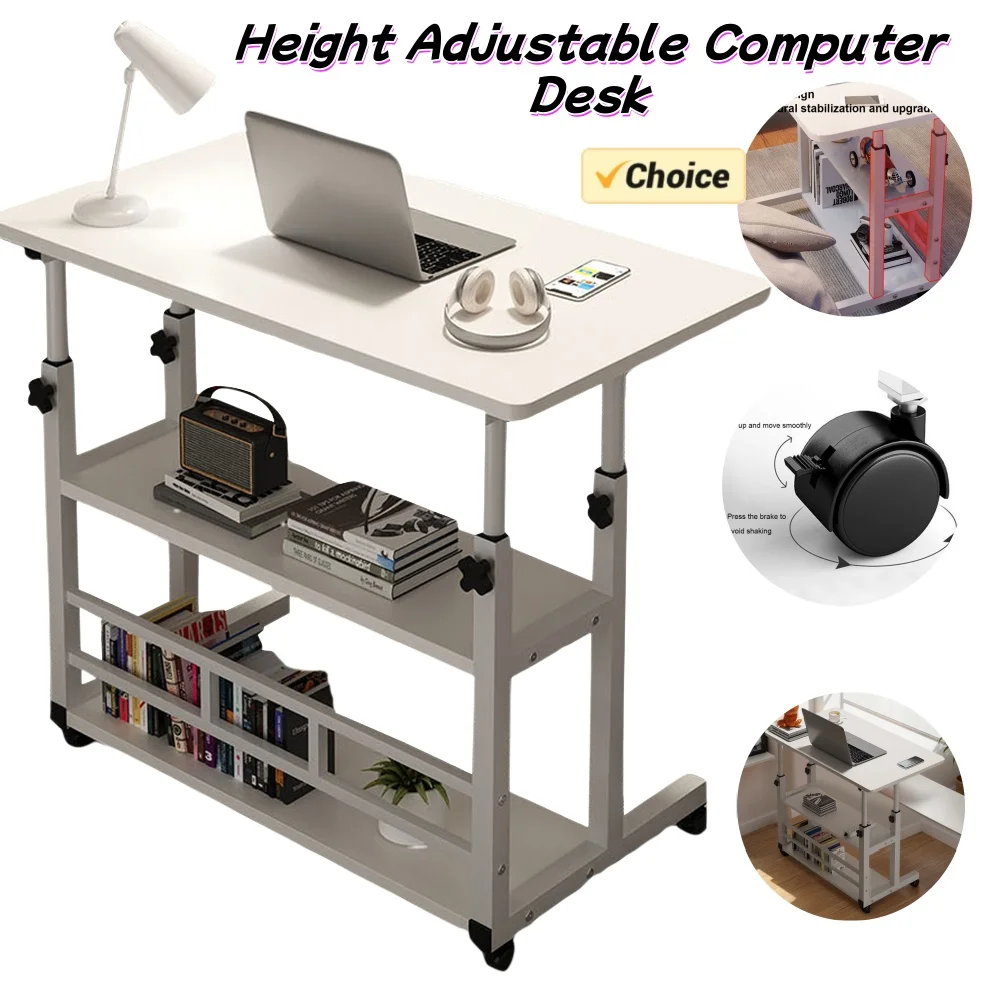 

Double-Layer Office Desk Movable Bedside Computer Lazy Table with storage shelf Laptop Height Adjustable Bedroom Desk lift table