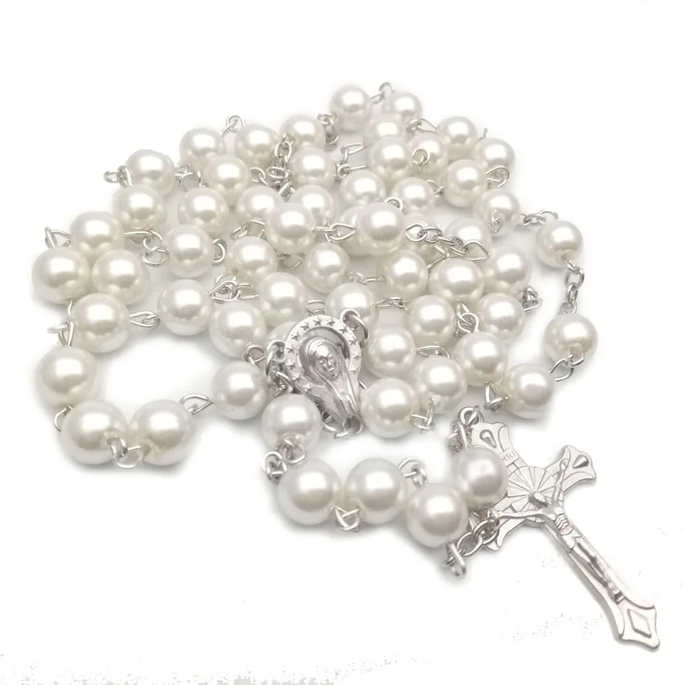 8mm Resin Pearl Cross Pendant Necklace Rosary Prayer Baptism Jewelry Maria Jesus Catholic Christian Religious Accessories Gift