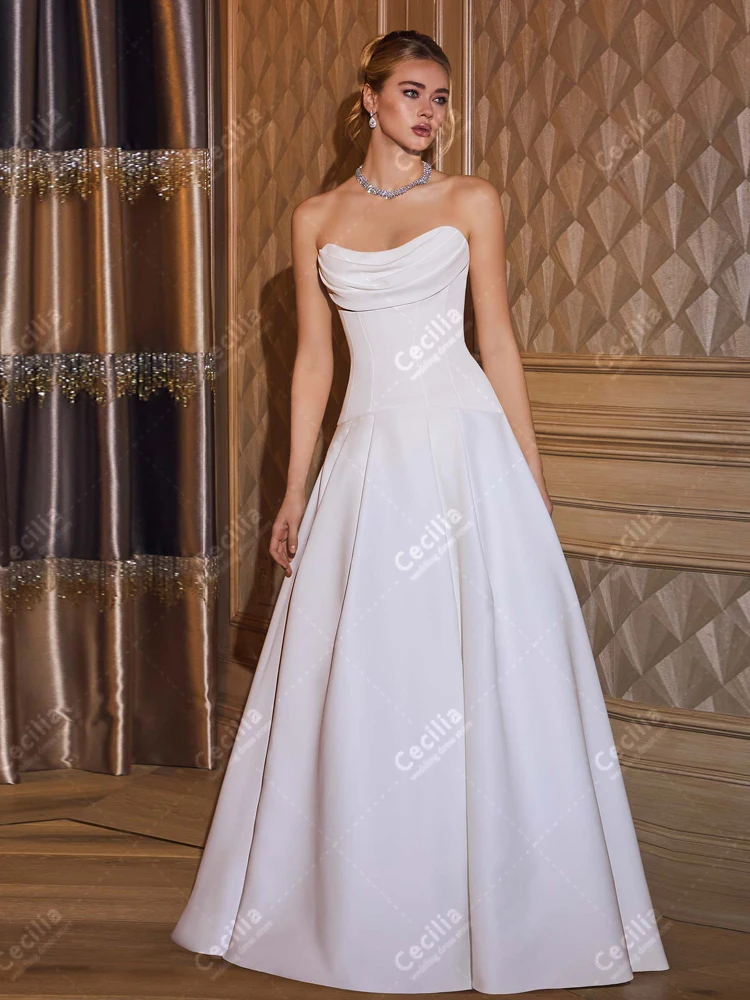 Simple Wedding Dresses A-Line Elegant Bridal Gowns Satin Robe For Formal Party Strapless Sleeveless Vestidos De Novia Customized