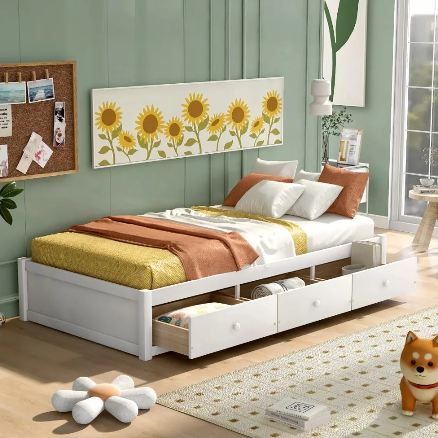 

Twin Size Platform Storage Bed with 3 Drawers White