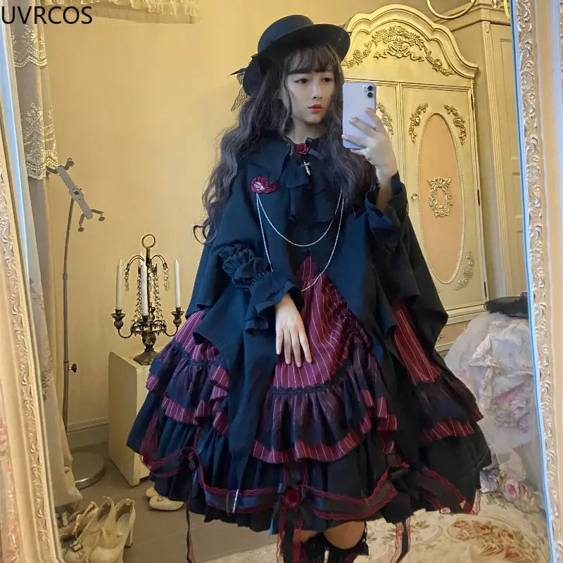 Victorian Gothic Lolita Jsk Dress Women Halloween Y2k Bat Collar Shirt Woolen Princess Dresses Vintage Punk Harajuku Party Dress