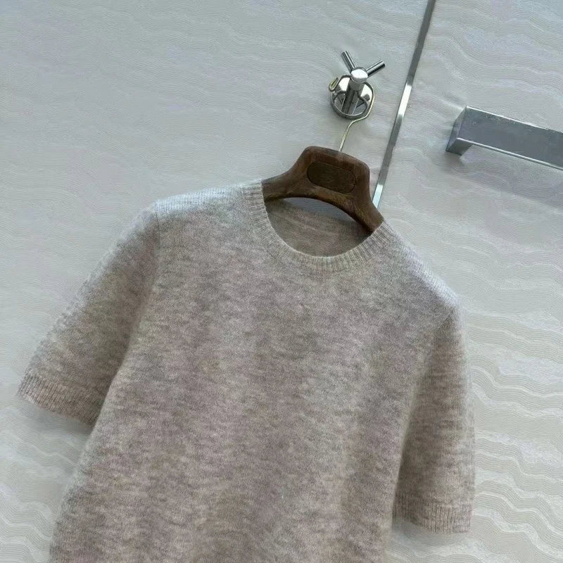 

Korean Version Of The New Pre-autumn Knitted Alpaca Wool Brushed Wool Yarn Soft Waxy Crew Neck Short Sleeves Loose High-waisted