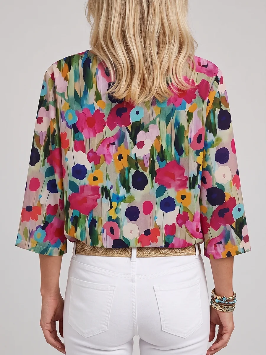 Damen-Bluse mit Blumenmuster, V-Ausschnitt, lässige, halbärmelige, lockere Hemden, Frühling, Sommer, Vintage-Boho-Tops – Detail 2
