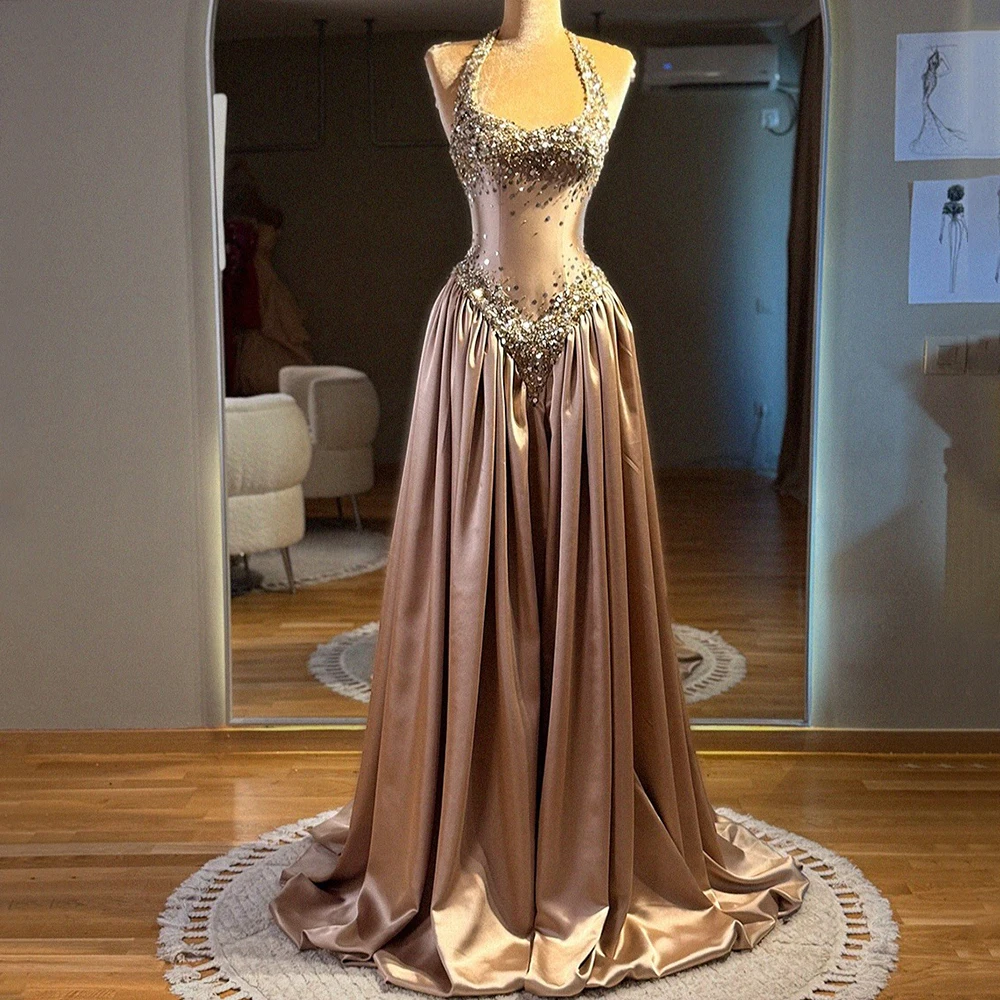 Gorgeous Halter Sleeveless Evening Dress Exquisite Beaded A-Line Floor Length Stain Draped Women Customized Prom Gowns New