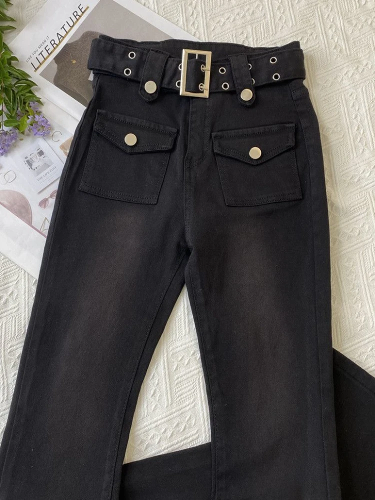 

Джинсы-клеш, женские винтажные уличные модные карманы, дизайн, узкие универсальные милые женские весенние брюки в корейском стиле