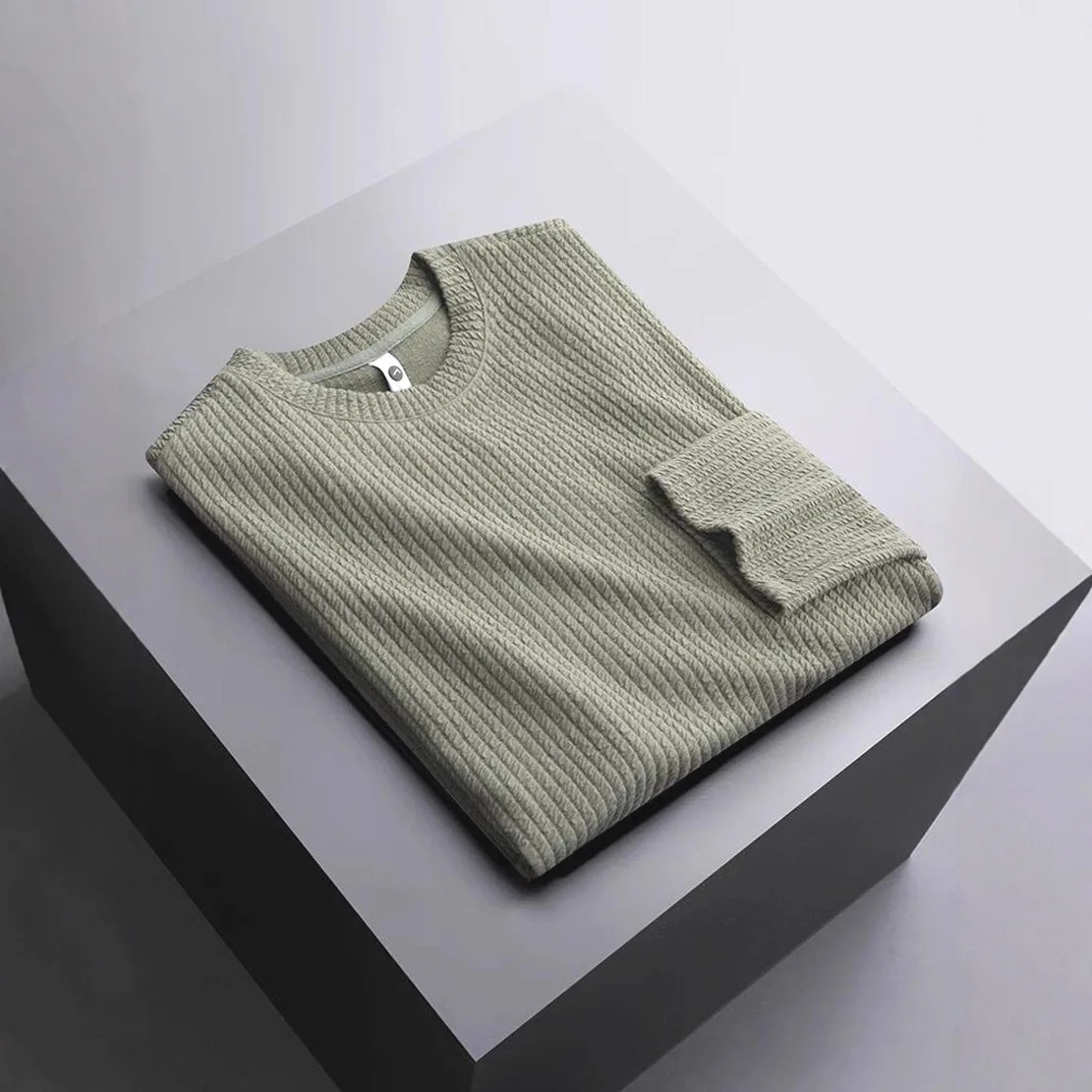 Waffle Jacquard Textured Slim Long Sleeve Knit T-Shirt Men's Soft Casual Top