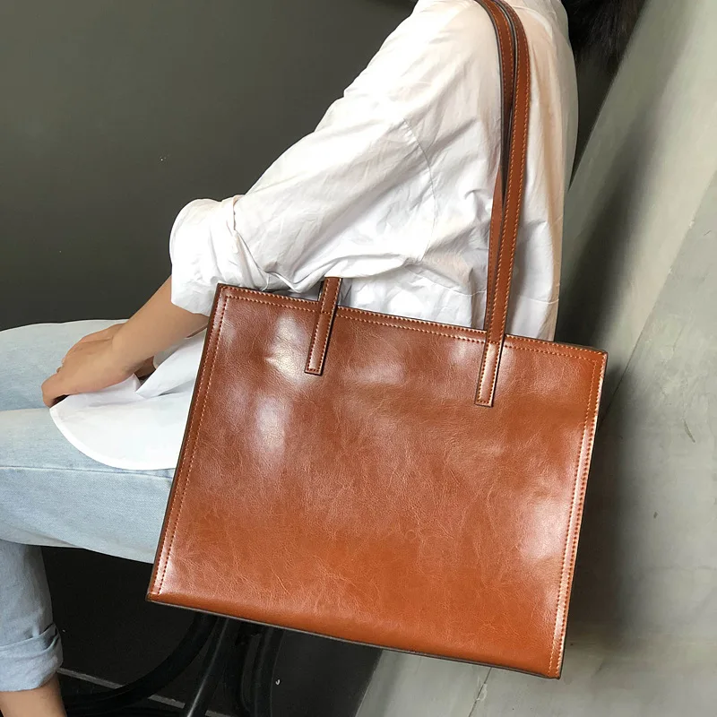 

New Simple Oil Wax Cowhide Tote Bag Women's Large CapacityEuropean Retro Genuine Leather Bag