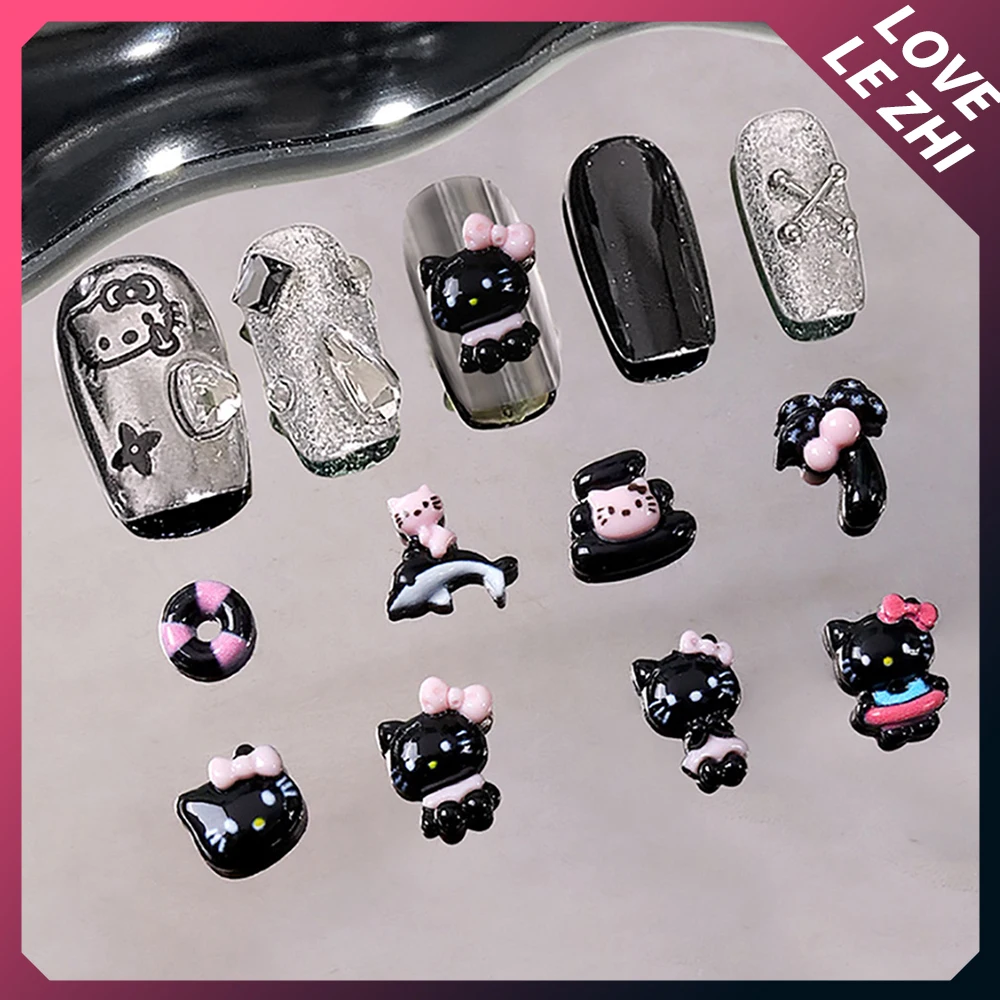 20Pcs Hot Sale 3D Cartoon Black Pink Sanrio Hello Kitty Nail Accessories Charms Diy Swimming Ring Bow Wear Nail Art Accessories