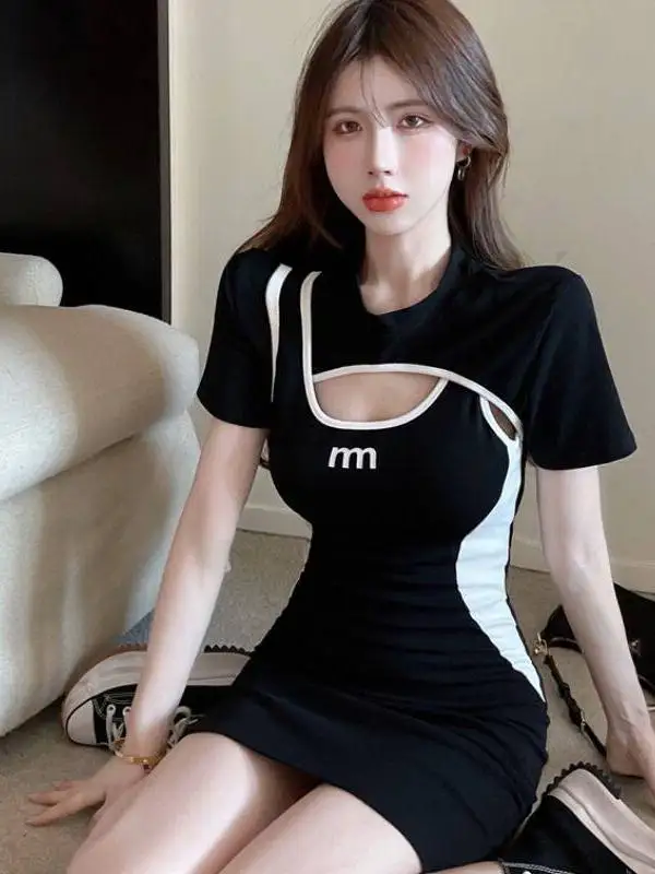 

plus Size Women's Sexy Slimming Short Dress Black White Contrast Color Block Summer Fashion Casual Breathable Polyester Skirt...