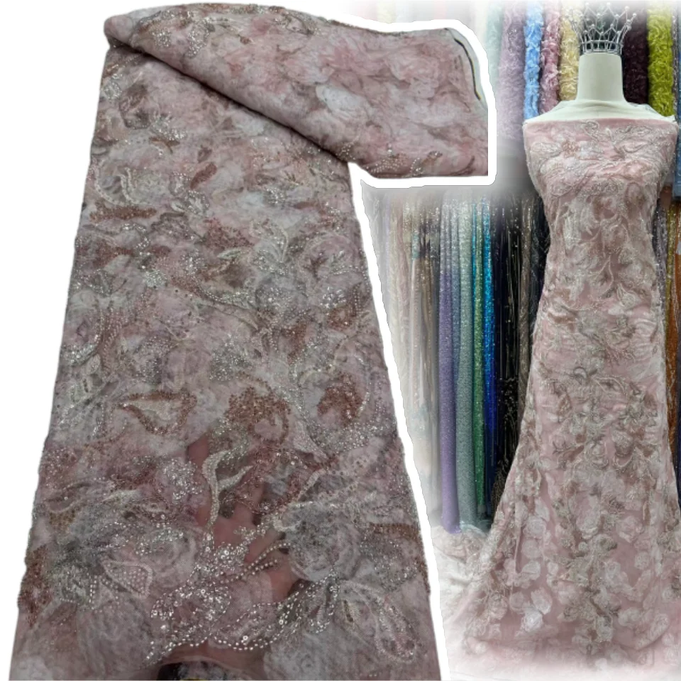 

2025 новейшая высококачественная роскошная французская вышивка бисером, кружевная ткань в африканском нигерийском стиле с блестками, тюль, кружевная ткань, свадебное платье AH1728
