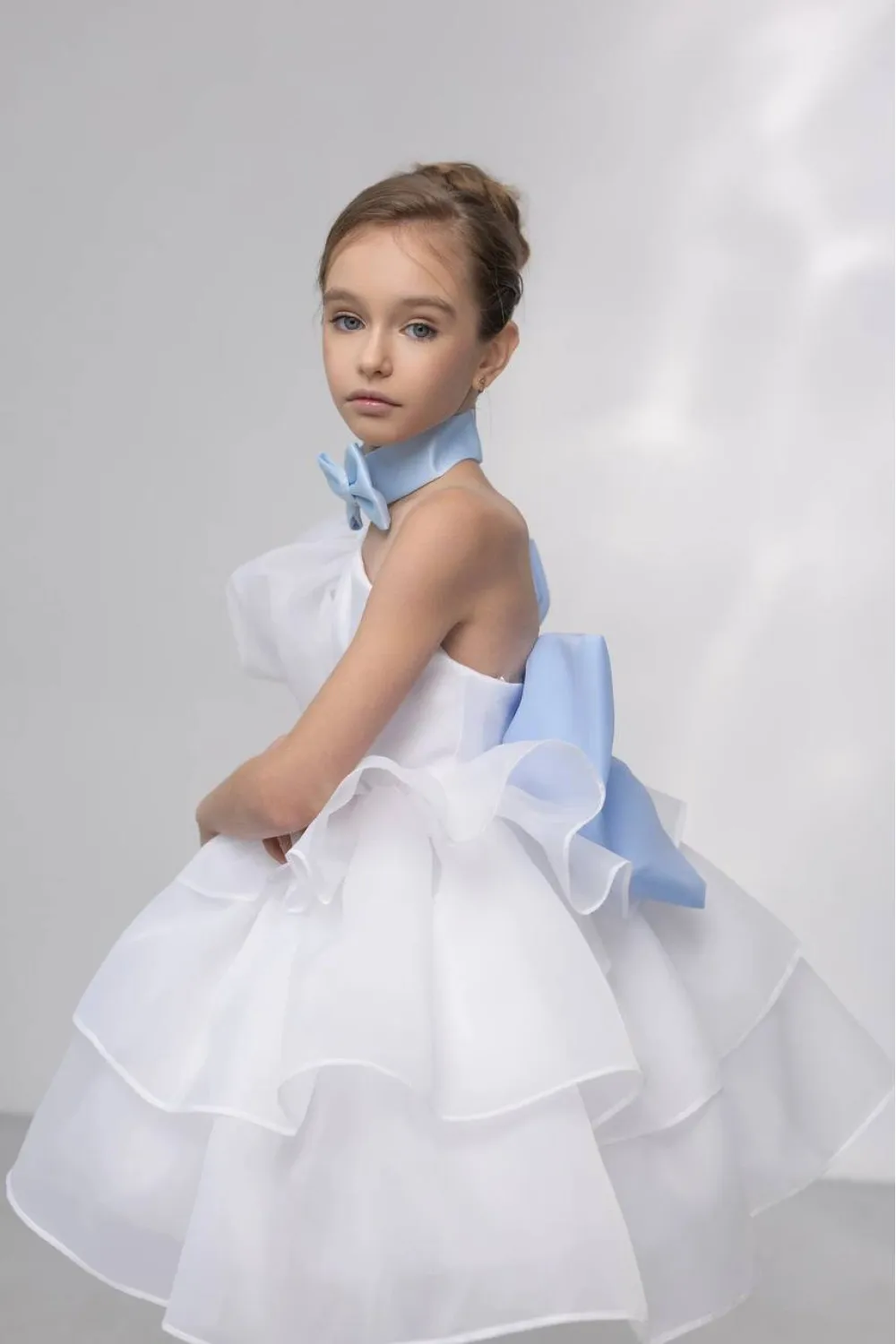 White Bowtie puff skirt Children Baptism Outfit Gorgeous Girls' Christmas Performance Princess Dress 1-14 year old flower girl w