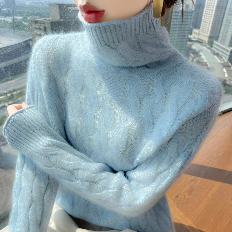 

Women's High Neck Knitting Pullover Fashion Fried Dough Twists Thickened Sweater 100% Cashmere Color Dot Tops Warm Autumn Winter