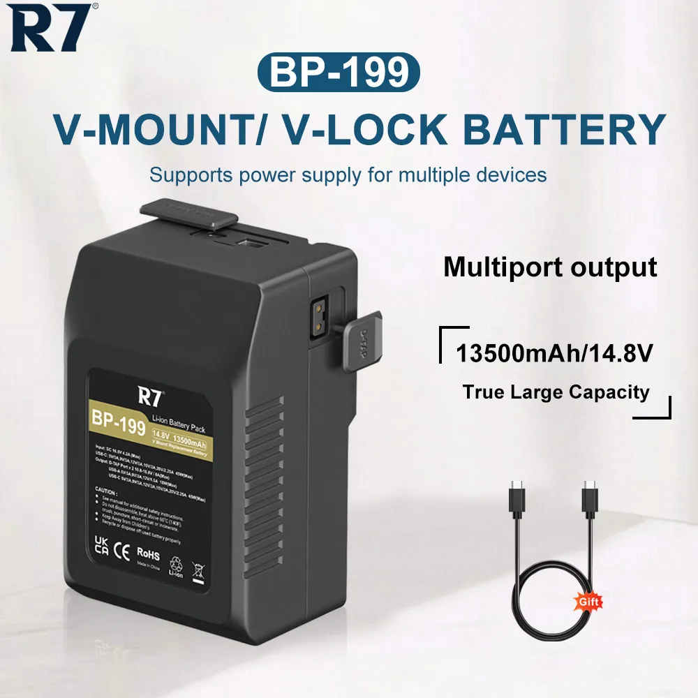 

R7 V-Mount Battery BP-199 13500mAh Long Life for Sony Camera, PD45W Type-C Fast Charging, LED Light, Power Bank Multi-Use