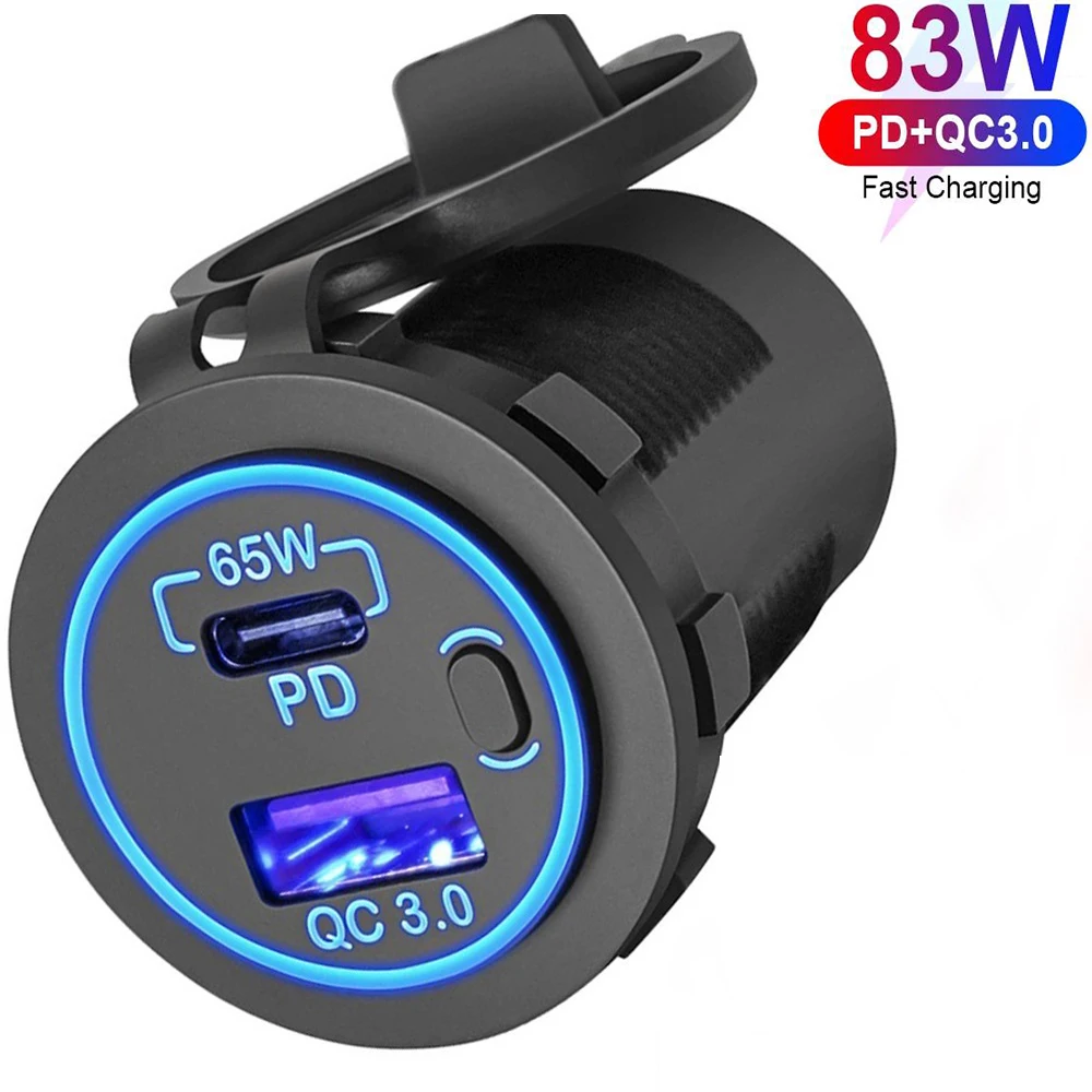 83W Laptop Car Charger Socket 12V USB Outlet 65W PD USB-C Car Charger and 18W QC3.0 Outlet with Power Switch Waterproof for Car