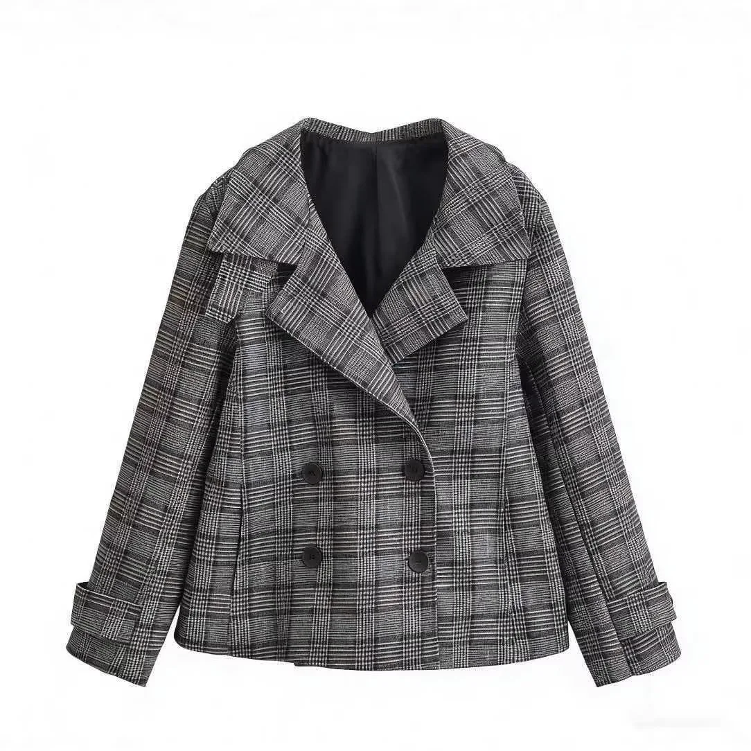 

KIDCRKJ Plaid Women Spring Suit Jacket Color Blocked Turn Down Collar Double Breasted Lady Coat Instagram-Style Female Outwear