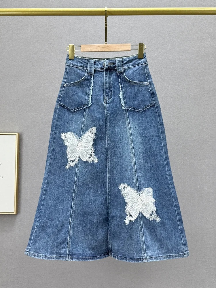 

Джинсовая юбка миди с высокой талией свободного кроя, женская, весна-лето, новая, А-силуэт, фасон «рыбий хвост», европейские товары