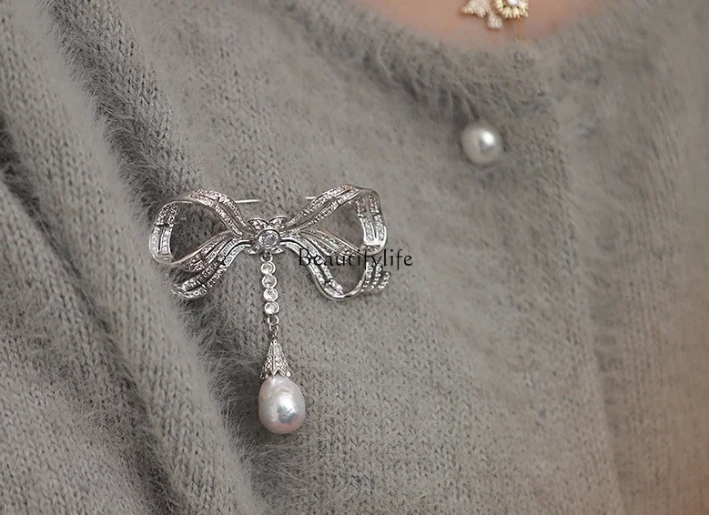 Zircon Bow Brooch, Pearl Pendant, High-End Corsage