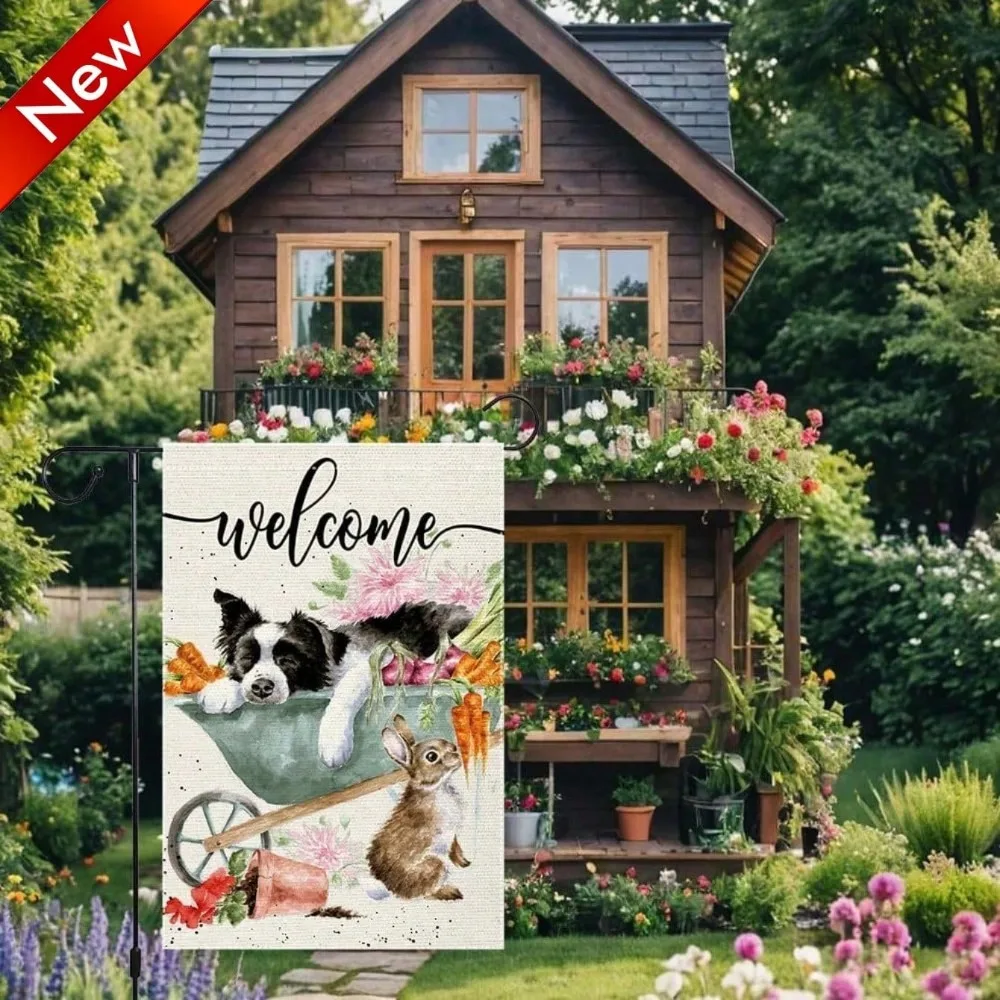 

Farmhouse Welcome Floral Dog Garden Flag Double Sided 12x18 Inch - Spring Summer Welcome Floral Dog Design, All Weather Burlap Yard Lawn Decor For Patio Lawn Porch Seasonal House Flags (No Pole Included)