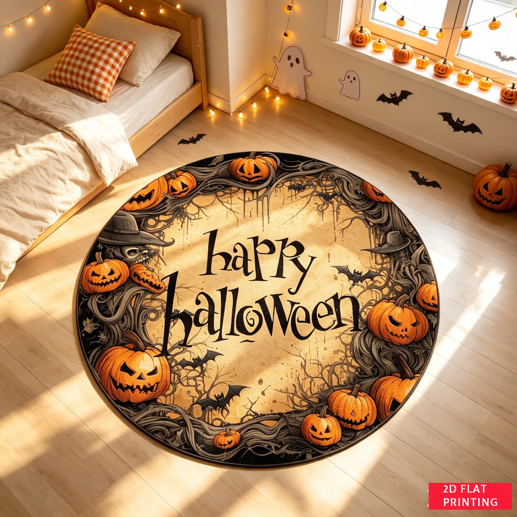 Happy Halloween Pumpkin Bat Round Area Rug, Vintage Scroll Border Printed Circle Carpet, Non-Slip Floor Mat For Seasonal Display