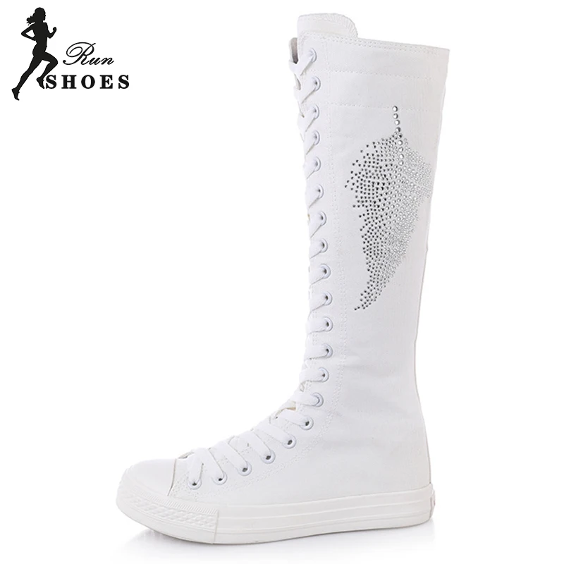 Girl Cheerleaders Dance Boots High-top Crystal Leaf Flat Shoes Long-barreled Casual Flats Canvas Boots Round Toe Lace-up Boots