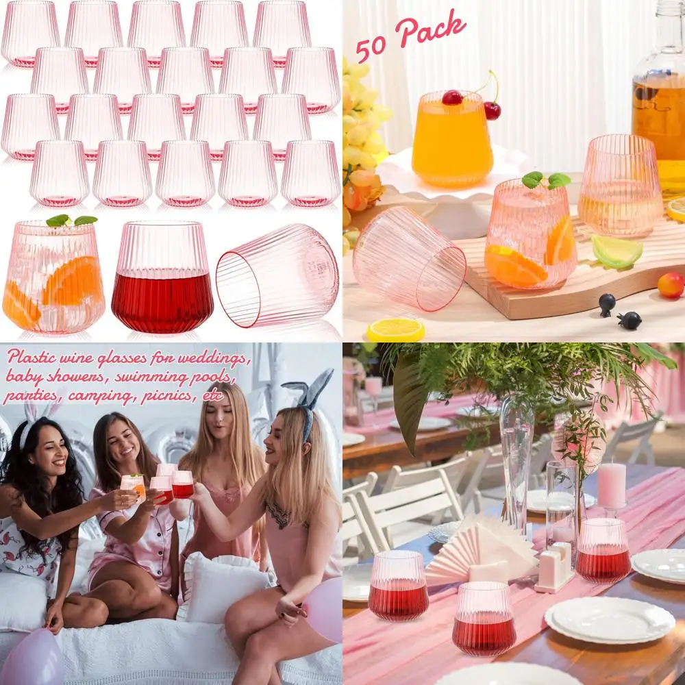 كؤوس نبيذ بلاستيكية غير قابلة للكسر - 50 عبوة، تصميم مضلع وردي 14 أونصة، مثالية للاستخدام الخارجي والداخلي، طراز عتيق El