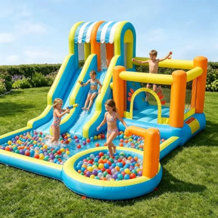 Backyard water slide park: hexagonal inflatable, dragon theme, blue-green, 9-in-1 with dual racing slides, climbing wall, tramp