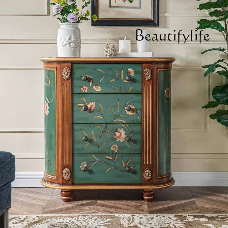 

American-Style Solid Wood Hallway Cabinet Vintage Semicircle Decorative Cabinet Painted Living Room Four Buckets Wall Cabinet