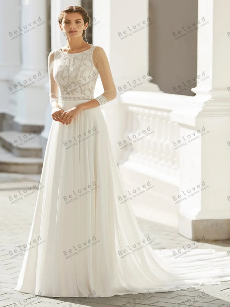 Robe de mariée trapèze bohème, robes en mousseline de soie, robes à col rond, appliques en dentelle, manches trois quarts, 2024