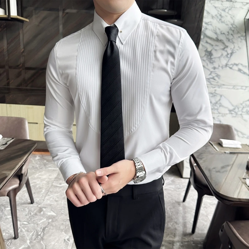 2023 autumn Pleated Metal Decorative Shirt Men Long Sleeve Casual Business Dress Shirts Social Party Tuxedo Blouse men clothing