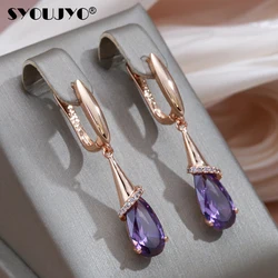 SYOUJYO Water Drop Amethyst Dangle Earrings For Women 585 Rose Gold Color Piercing Wedding Jewelry Natural Zircon Earrings