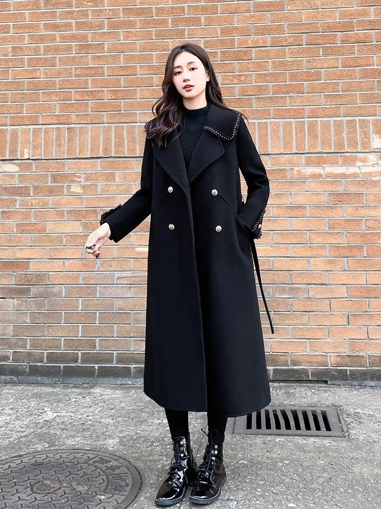 Nuevo abrigo de otoño e invierno para mujer, abrigo de lana de Cachemira de doble cara de longitud media ceñido con cintura para ir al trabajo a la moda